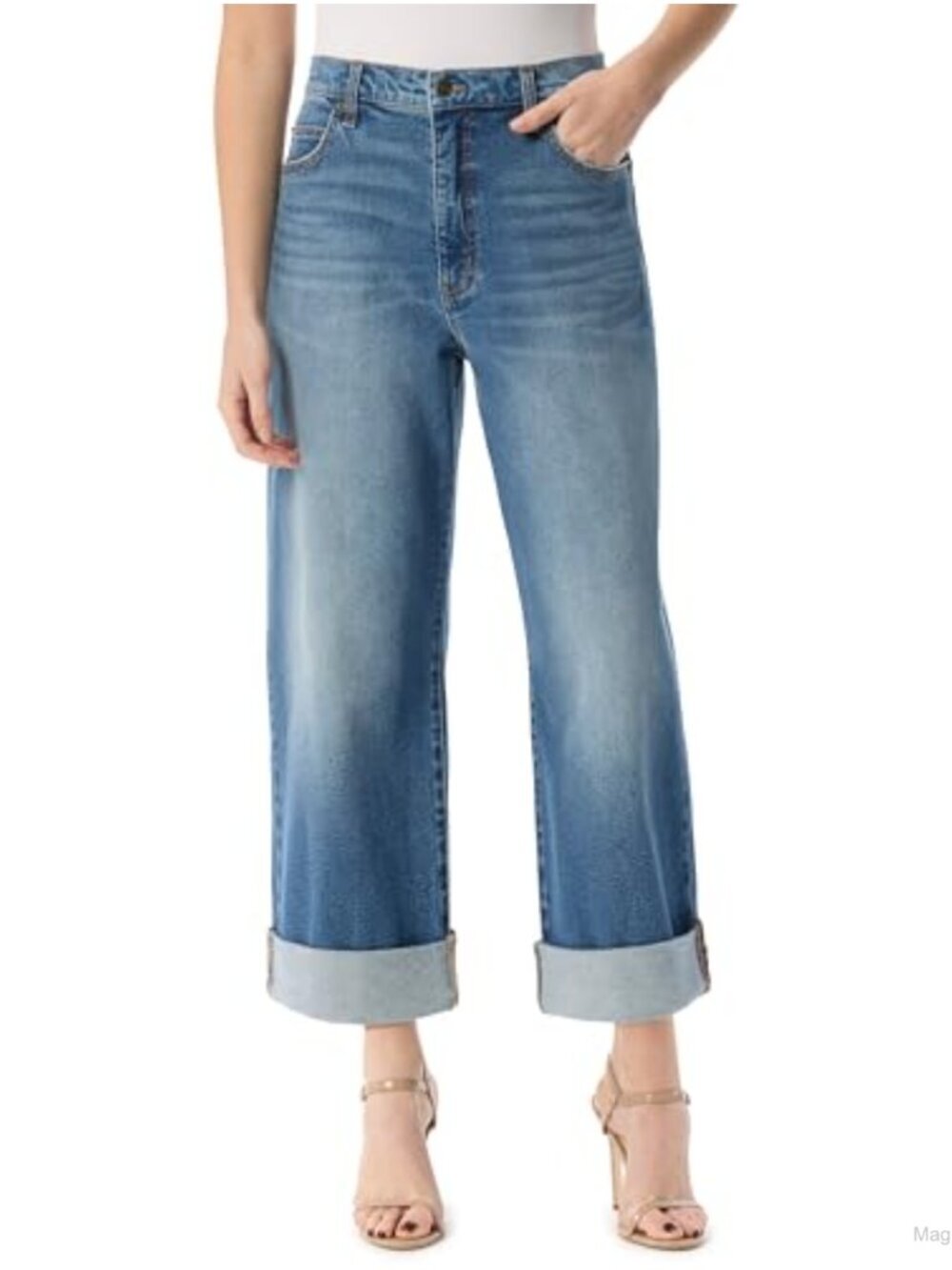 High Rise Wide Leg Boyfriend Jeans Roll Cuff Cotton Stretch Ankle